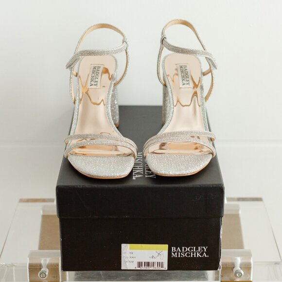 Badgley Mischka Rebekah Platinum Silver Women 8 Block Heel Sandal Fabric - Picture 3 of 14